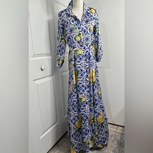 Boston Proper Lemon Tile Print Maxi Shirt Dress – Size 10 🍋 🍋 🍋